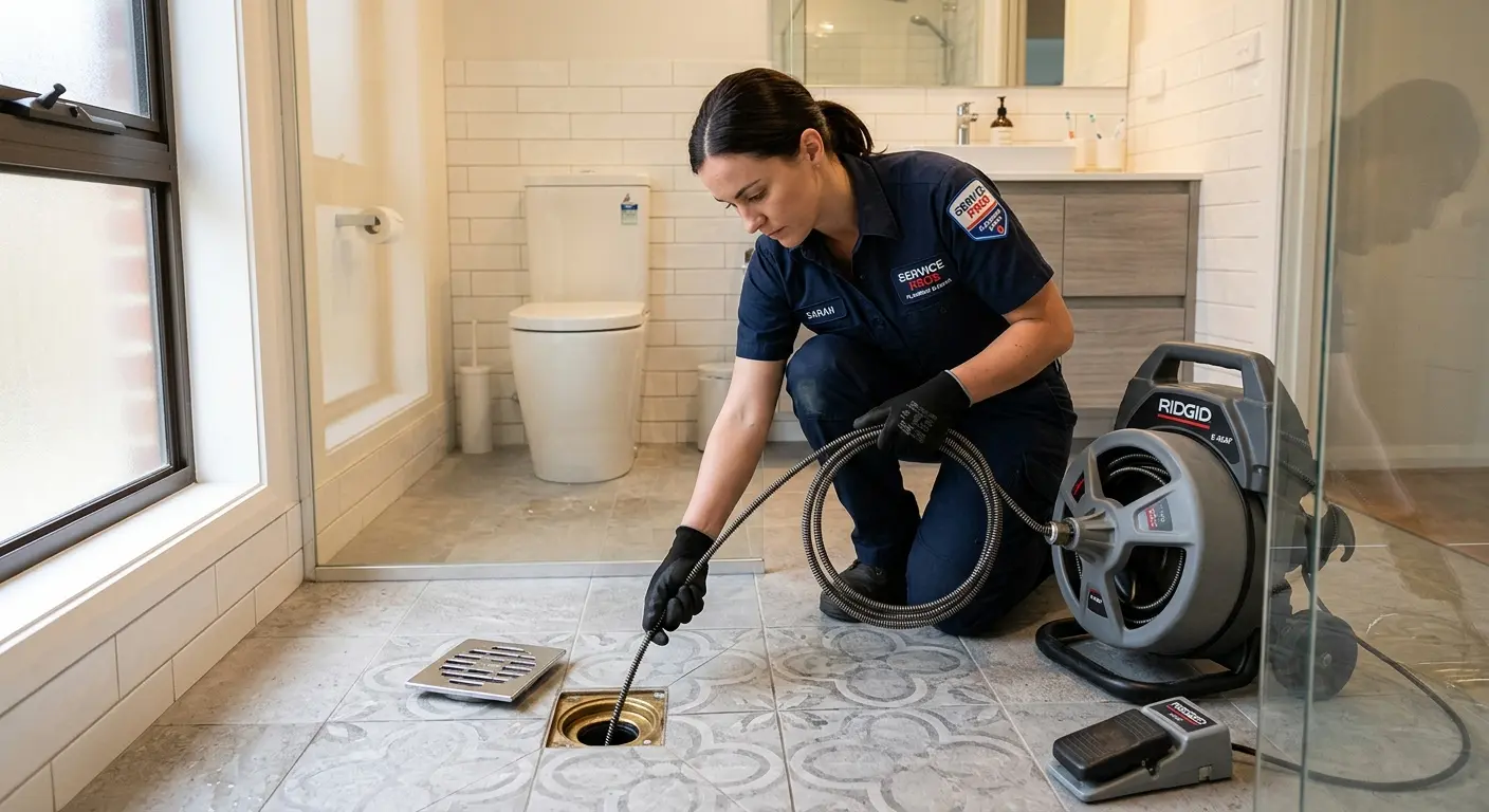 Technician clearing a bathroom floor drain for Clogged Drain Repair in Samsula-Spruce Creek